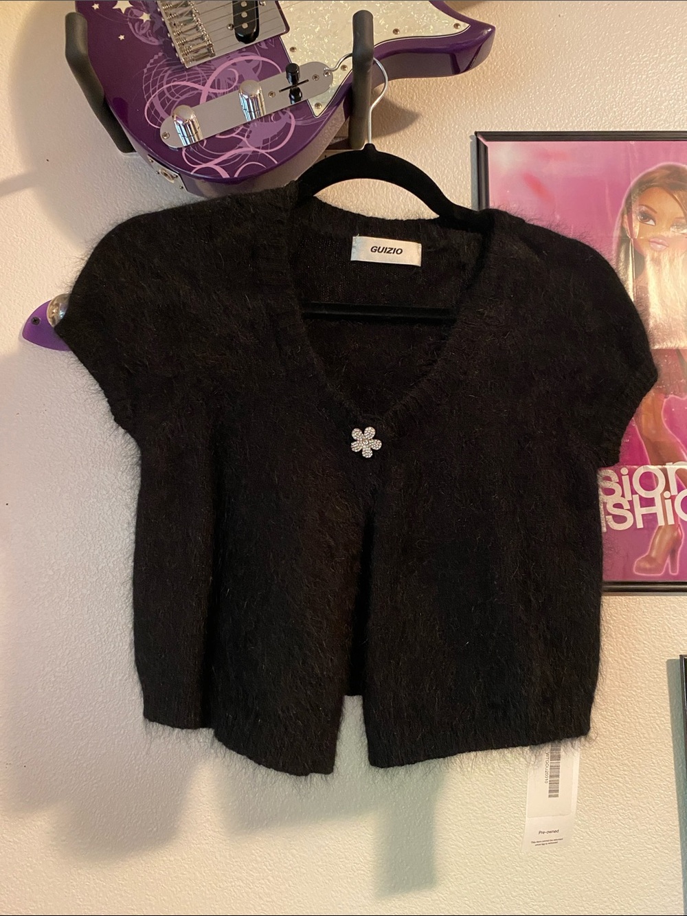 Guizio Black Short-Sleeve Angora Cardigan with Rhinestoned Floral Button
